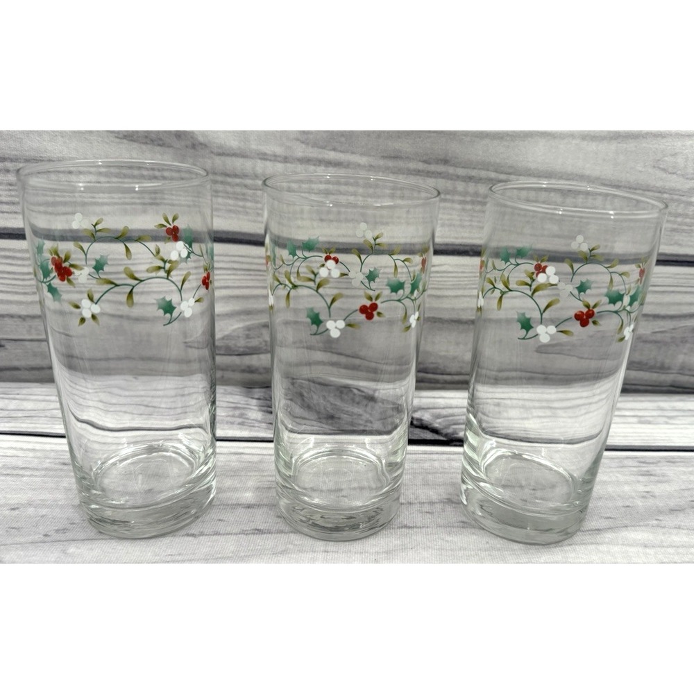 SET OF 3 COOLERS / DRINKING GLASSES - HOLIDAY HOLLY AND BERRIES - 15 OZ